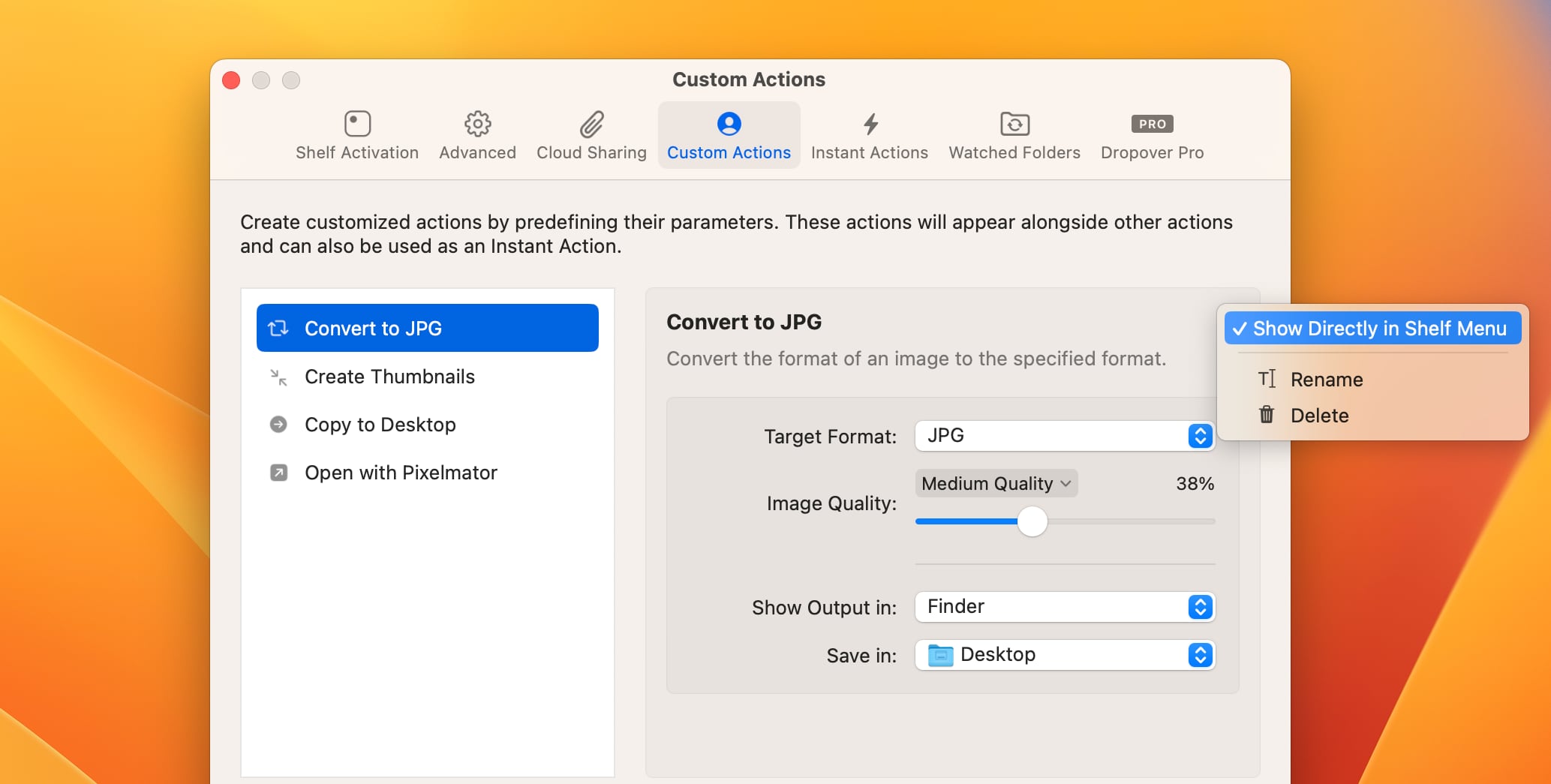 Screenshot of Custom Actions preferences tab