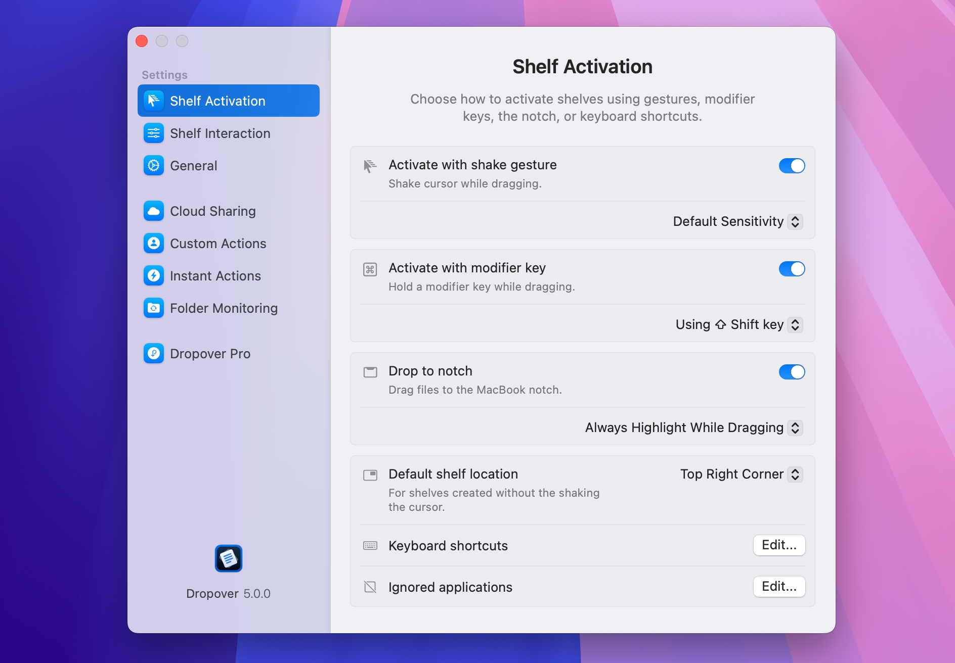 Screenshot of the settings screen in Dropover.