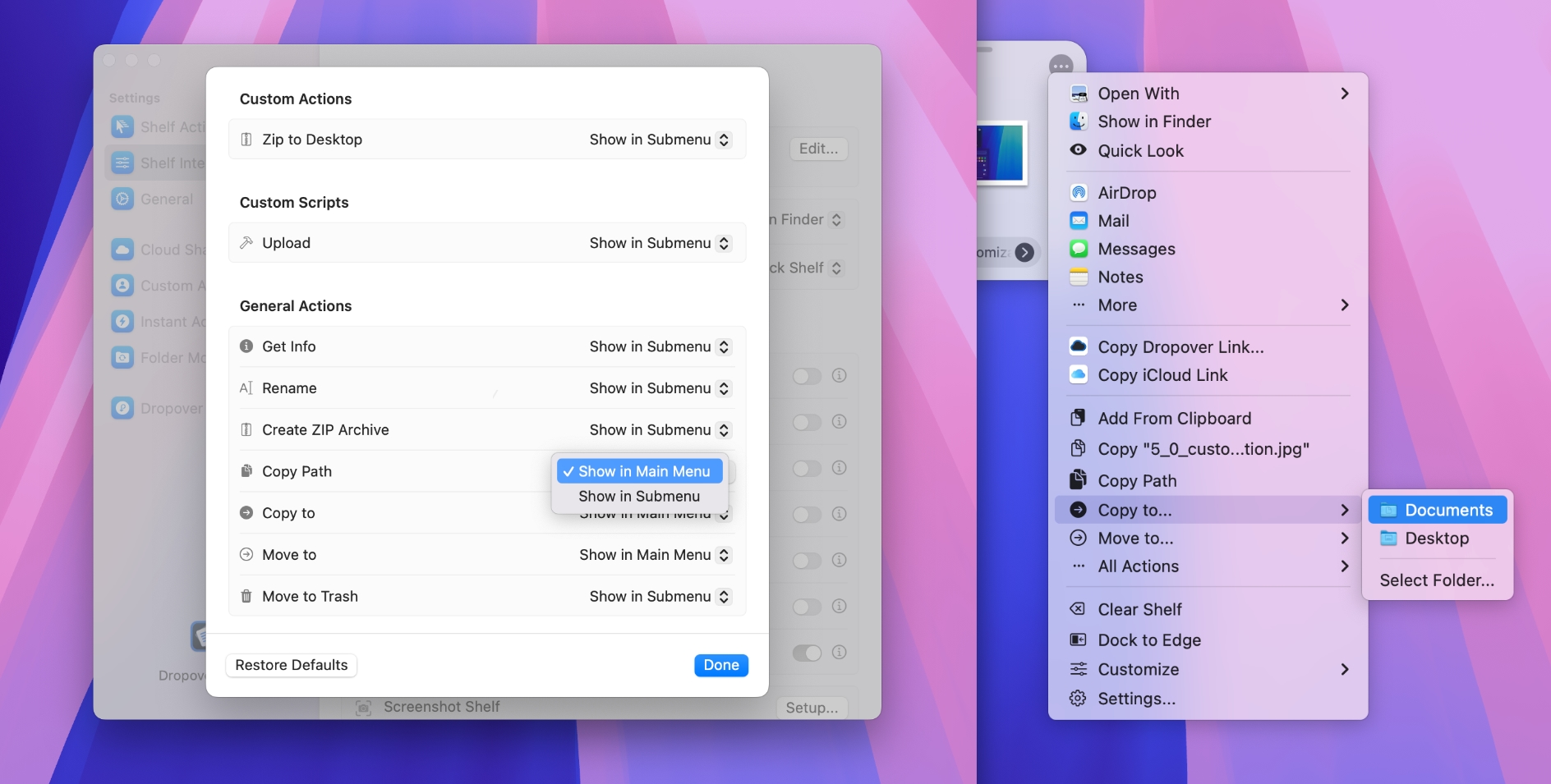 Screenshot of the file action modals in Dropover