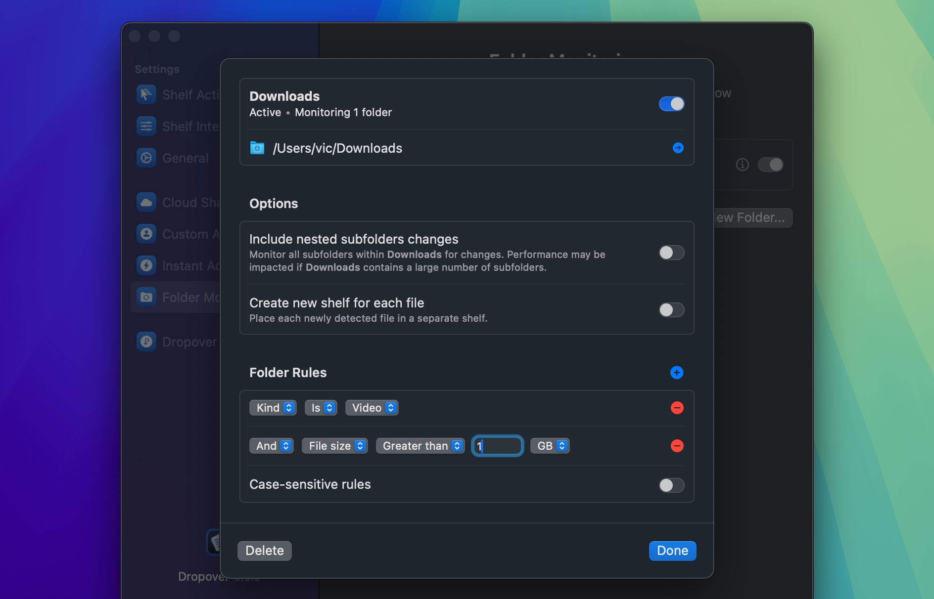 Screenshot of Dropover app's Folder Observation feature.