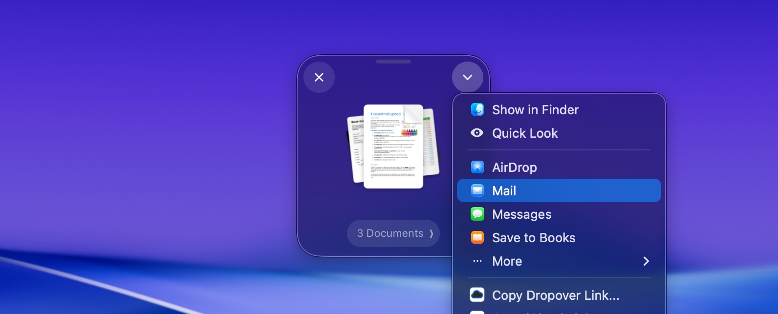 Animated image showcasing Dropover's shelf detail view