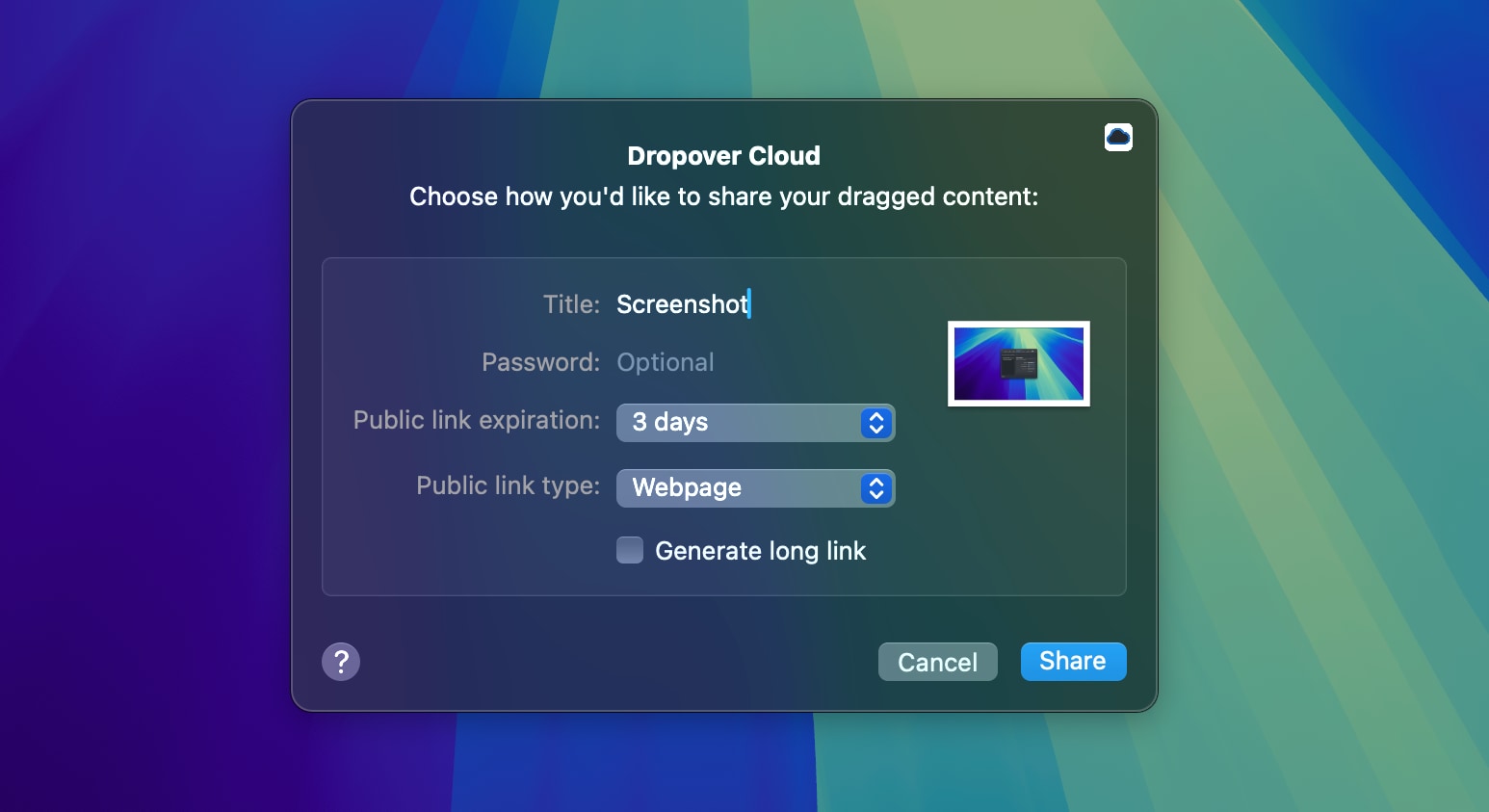 Screenshot of a Dropover Cloud modal with customizaton options